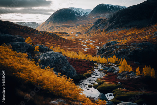 Stunning autumnal scenery of the vast Scandinavian highlands. Generative AI