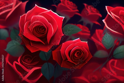 Romantic red roses - bright and colorful flowers created by generative AI. Floral background wallpaper with digital painted look. © Brian