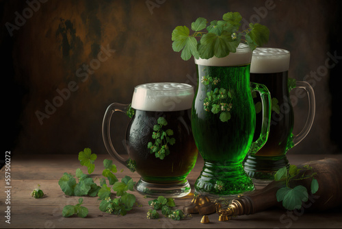 Glasses of irish green beer for saint patricks day celebration on a brown background, generative ai