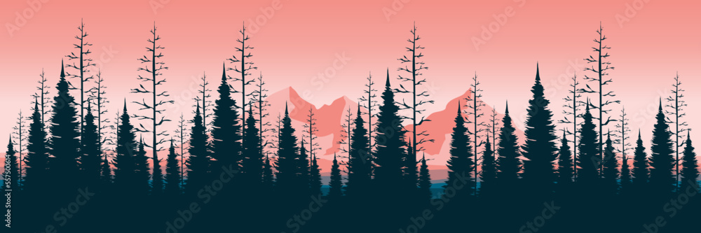 mountain landscape with pine tree forest silhouette vector illustration ...