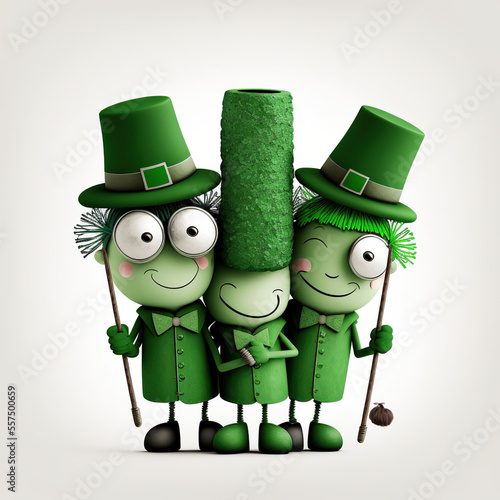 Saintt patricks day textured illustration of a group of leprechauns hugging on a white background with copy space photo
