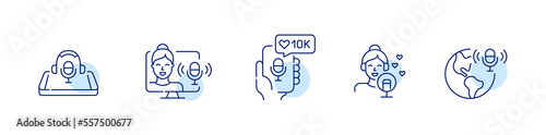 Girl podcast blogger icons set. Pixel perfect, editable stroke line designs