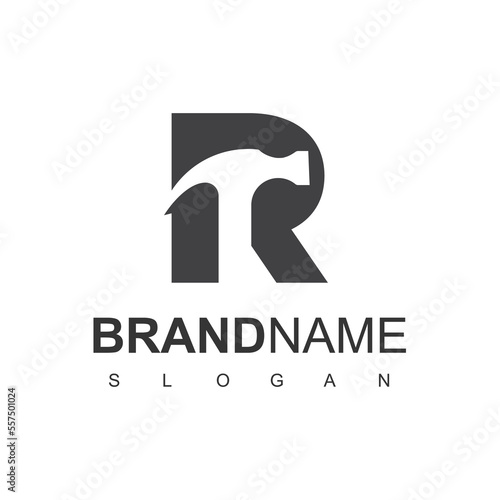 Letter R Repair Logo Template, Negative Space Idea Hammer Icon