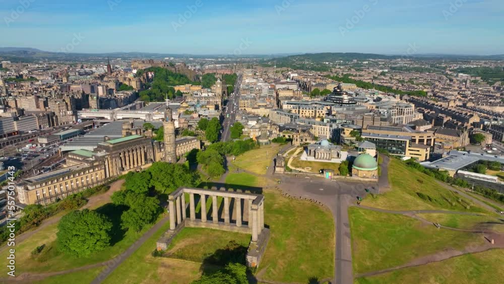 National Monument, Nelson Monument and City Observatory aerial view on Calton Hill in New Town of Edinburgh, Scotland, UK. New Town Edinburgh is a UNESCO World Heritage Site since 1995. National Monument, Nelson Monument and City Observatory aerial view on Calton Hill in New Town of Edinburgh, Scotland, UK. New Town Edinburgh is a UNESCO World Heritage Site since 1995.