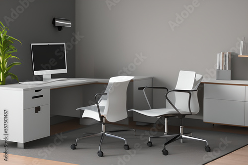 Modern computer on table in office interior. Stylish workplace high resolution photography, office chair, office table, one bed