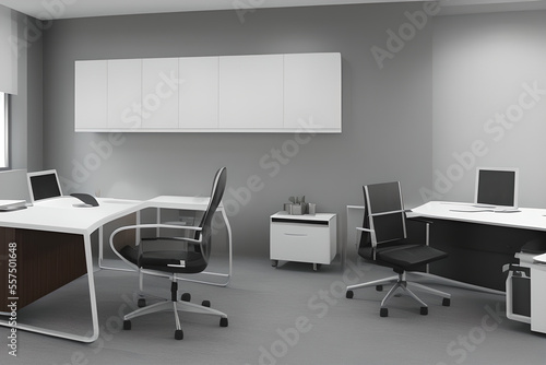 Modern computer on table in office interior. Stylish workplace high resolution photography  office chair  office table  one bed