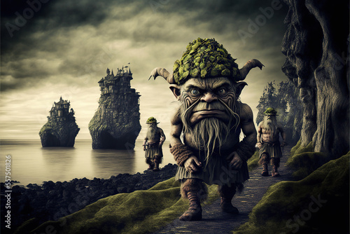Angry group of trolls walking on an imaginary land, generative ai