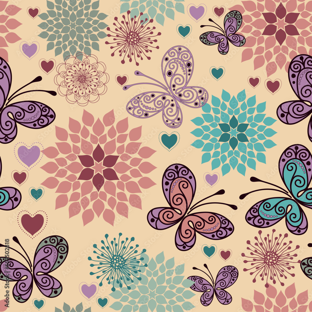Seamless vector valentine pattern with butterflies, hearts and flowers. Seamless vector valentine pattern with butterflies, hearts and flowers.