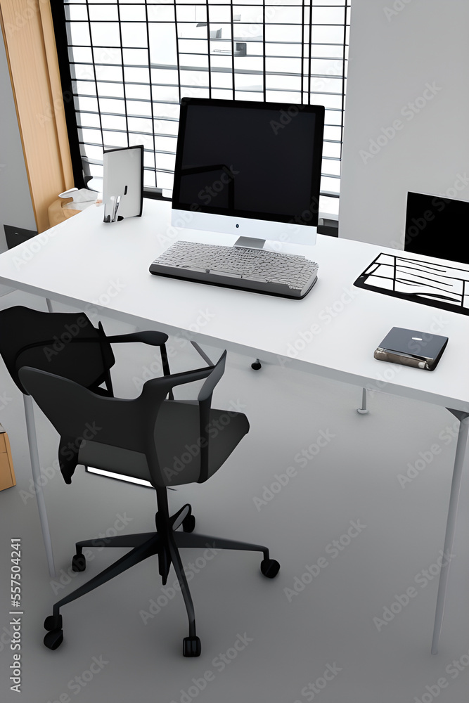 high resolution 4k office chair, office table, one bed, Modern computer on table in office interior. Stylish workplace, hyper realistic, intricate detail generative ai high resolution 4k office chair, office table, one bed, Modern computer on table in office interior. Stylish workplace, hyper realistic, intricate detail generative ai