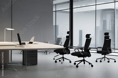 high resolution 4k office chair, office table, one bed, Modern computer on table in office interior. Stylish workplace, hyper realistic, intricate detail generative ai photo