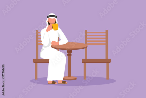 Cartoon flat style drawing young Arabian businessman relaxing while sitting at table and drinking hot flavored coffee at restaurant. Breakfast morning daily concept. Graphic design vector illustration