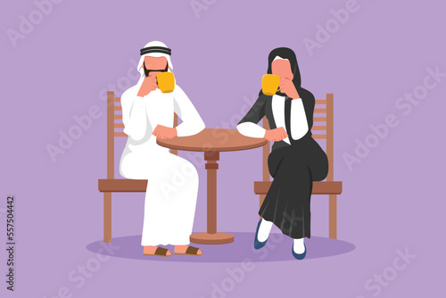 Cartoon flat style drawing loving couple is drinking coffee in cafe. Arabian man and woman are sitting at table in cozy restaurant. Breakfast morning daily concept. Graphic design vector illustration