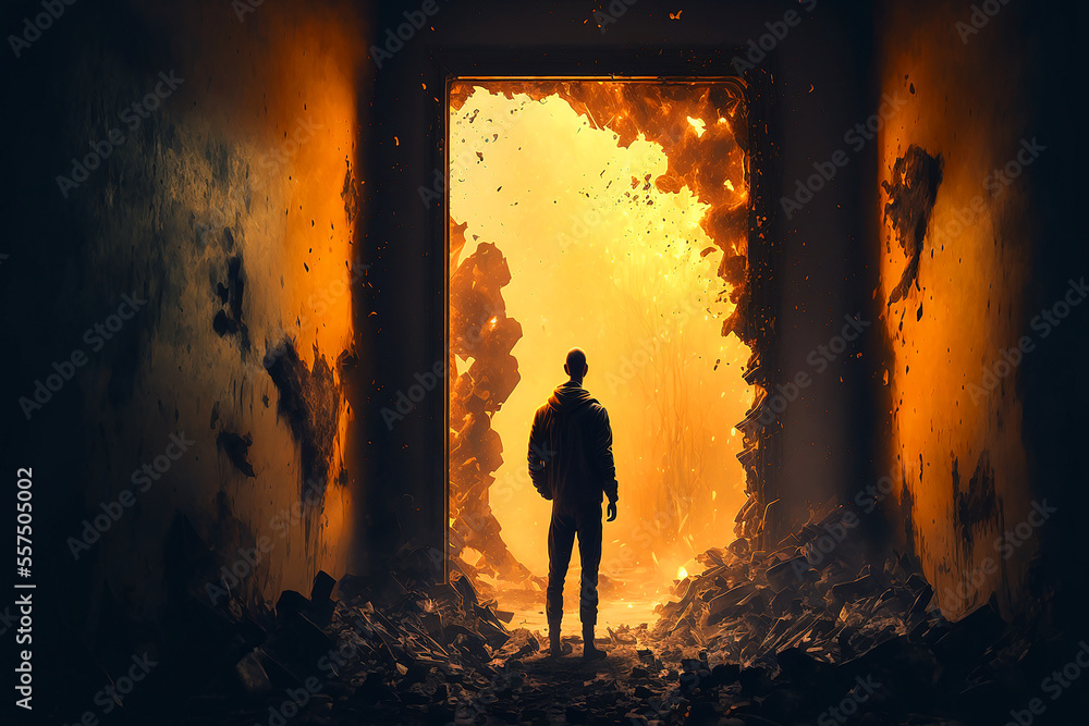 Fototapeta premium man looking in to unending entrance to another reality. Generative AI