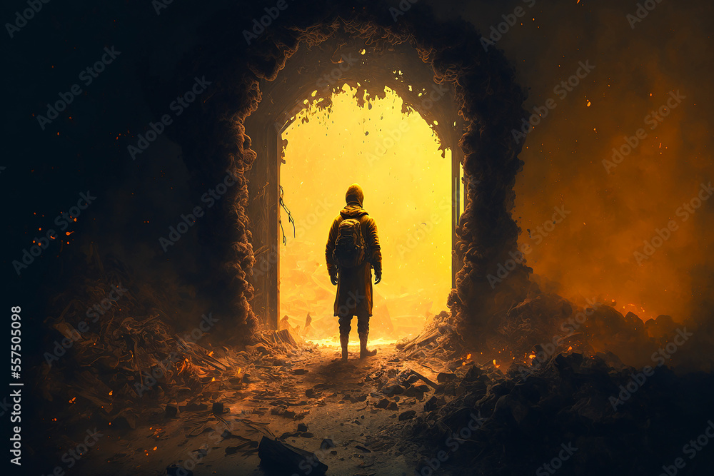 man looking in to unending entrance to another reality. Generative AI man looking in to unending entrance to another reality. Generative AI