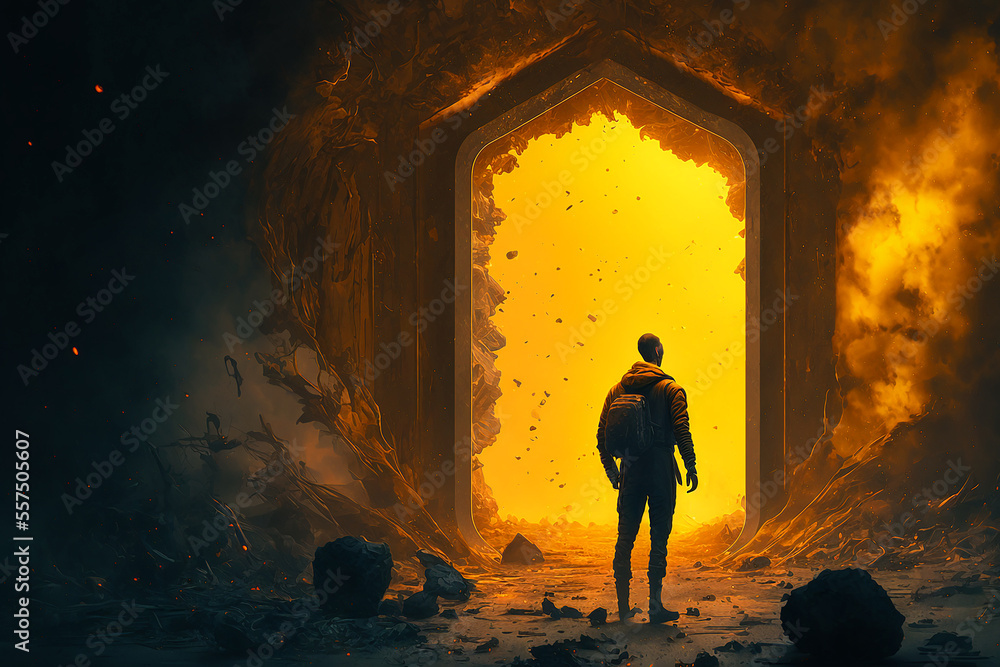 Fototapeta premium man looking in to unending entrance to another reality. Generative AI