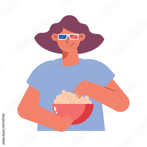 woman using 3d glasses eating pop corn