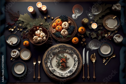shot of the table from above, showing the arrangement of dishes, silverware, and decorations. Demonstrating the attention to detail that goes into setting a festive table (AI Generated)