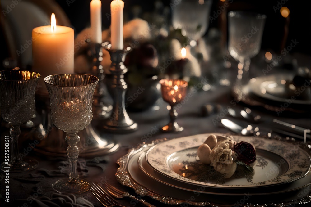 table set for a formal dinner party, with elegant place settings and candles. Showing the more sophisticated side of the holiday and the ways in which it can be celebrated with elegance (AI Generated)
