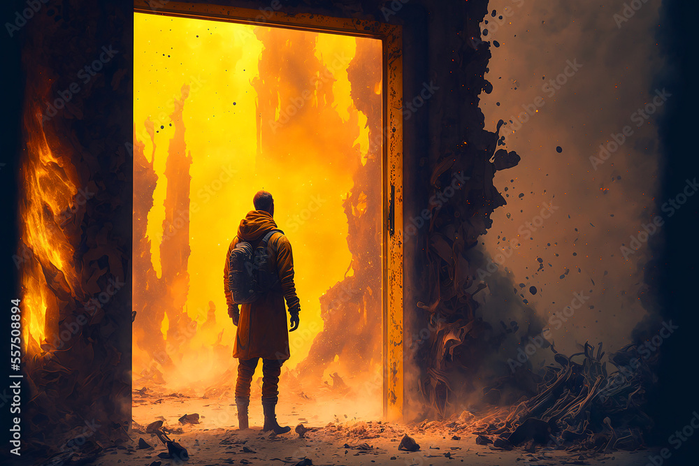 Fototapeta premium man looking in to unending entrance to another reality. Generative AI