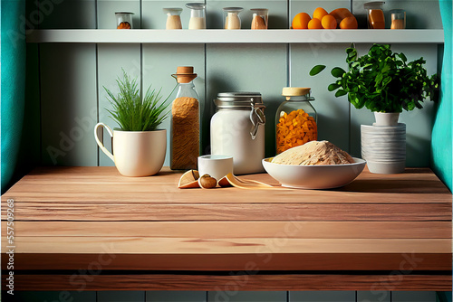 wooden table top in a kitchen with culinary tools and ingredients for food preparation backgrounds