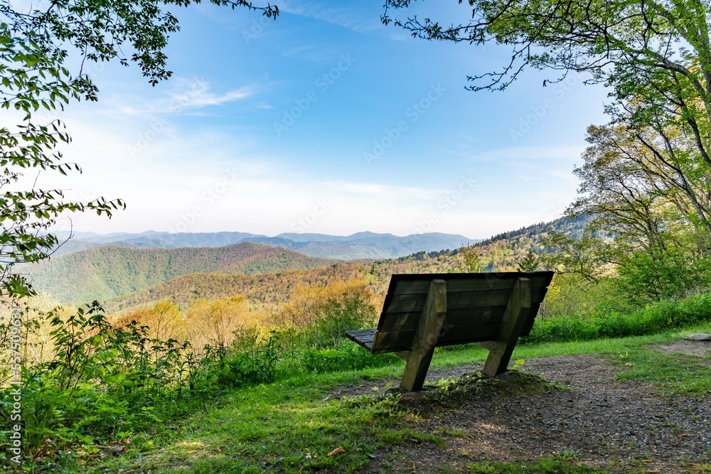 Bench overlooking the Great Smoky Mountains on Balsam Mountain. Bench overlooking the Great Smoky Mountains on Balsam Mountain.