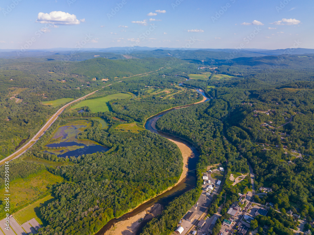 Pemigewasset River and Interstate Highway 93 south bound aerial view in summer near town center of Plymouth, New Hampshire NH, USA. 