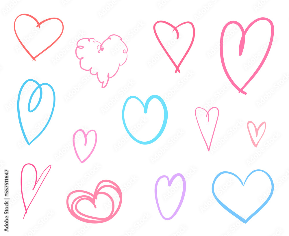 Colorful hearts on isolated white background. Hand drawn set of love signs. Unique abstract image for design. Line art creation. Colored illustration. Elements for poster or flyer Colorful hearts on isolated white background. Hand drawn set of love signs. Unique abstract image for design. Line art creation. Colored illustration. Elements for poster or flyer