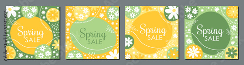 set of square spring sale banner, yellow and green template with artistic retro flowers for web, marketing and advertising