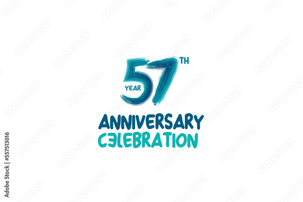 57th, 57 years, 57 year anniversary celebration fun style logotype. anniversary white logo with green blue color isolated on white background, vector design for celebrating event