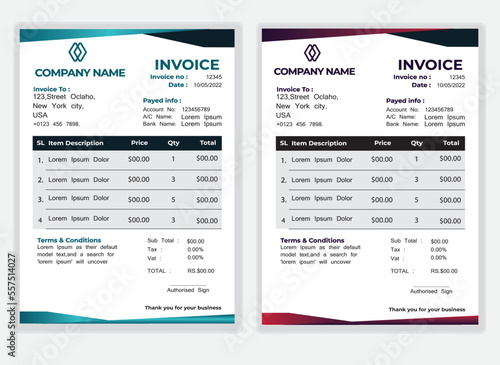 Business Minimal Corporate Invoice design template vector illustration bill form price . Creative template and stationery design payment agreement design template Cash Memo, Vector Quotation Design