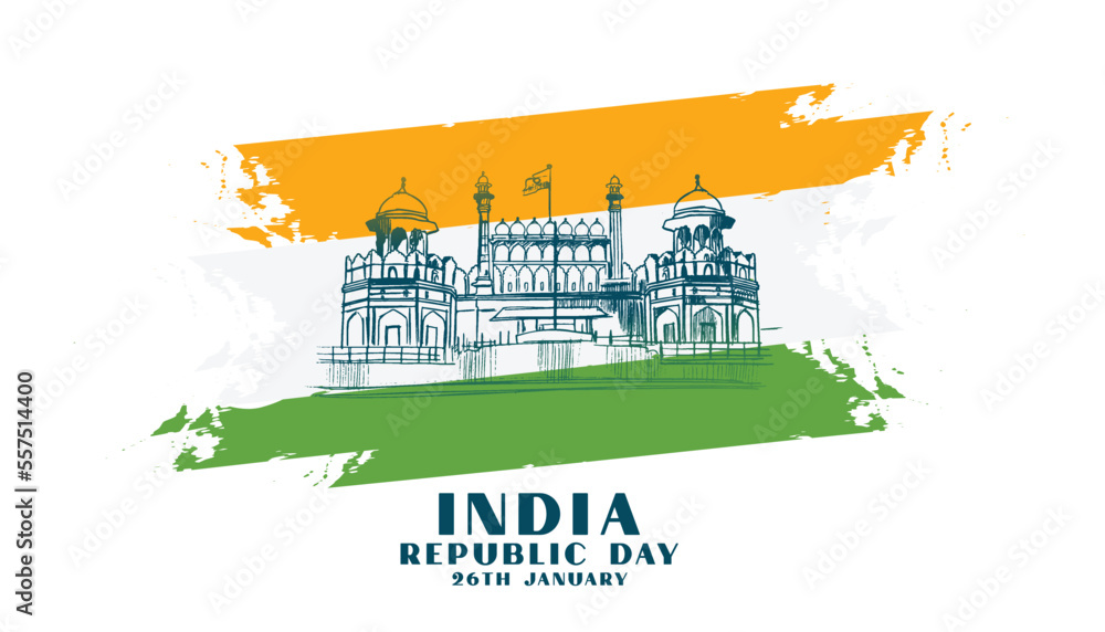 indian republic day banner with abstract tricolor and red fort design - obrazy, fototapety, plakaty 