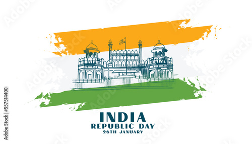 indian republic day banner with abstract tricolor and red fort design