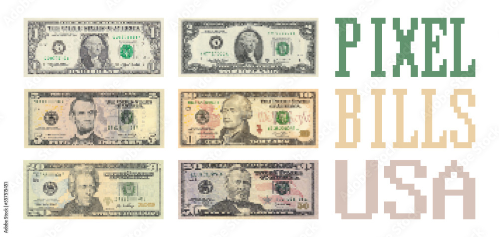 Vector set of pixel US banknotes. Paper American money on a white background.