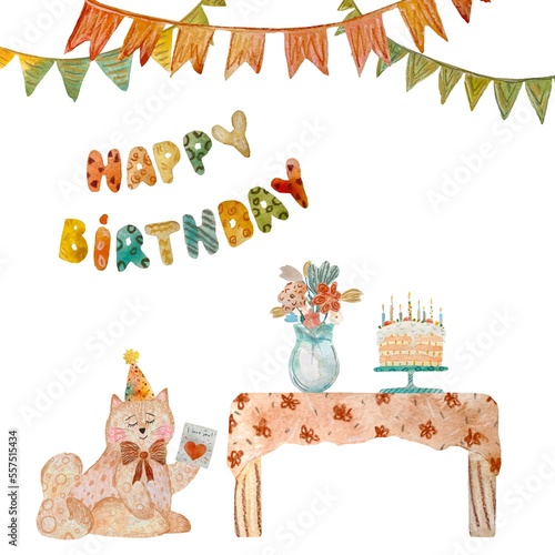 Flags birthday flower party toy cat watercolor