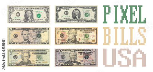 Vector set of pixel US banknotes. Paper American money on a white background.