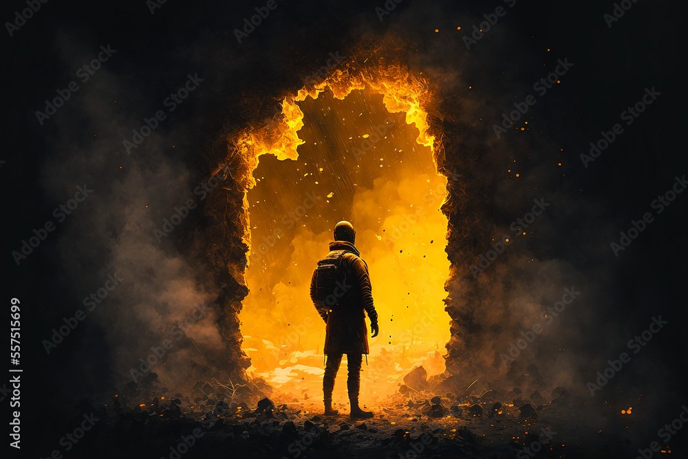 Fototapeta premium man looking in to unending entrance to another reality. Generative AI 