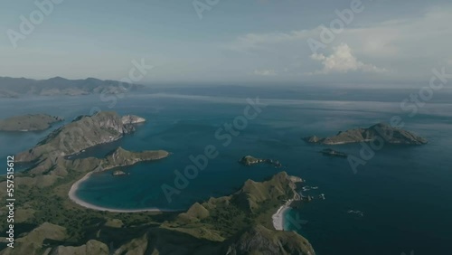 Aerial top view of a traditional boat in beautiful sea bay with turquoise crystal clear water, 