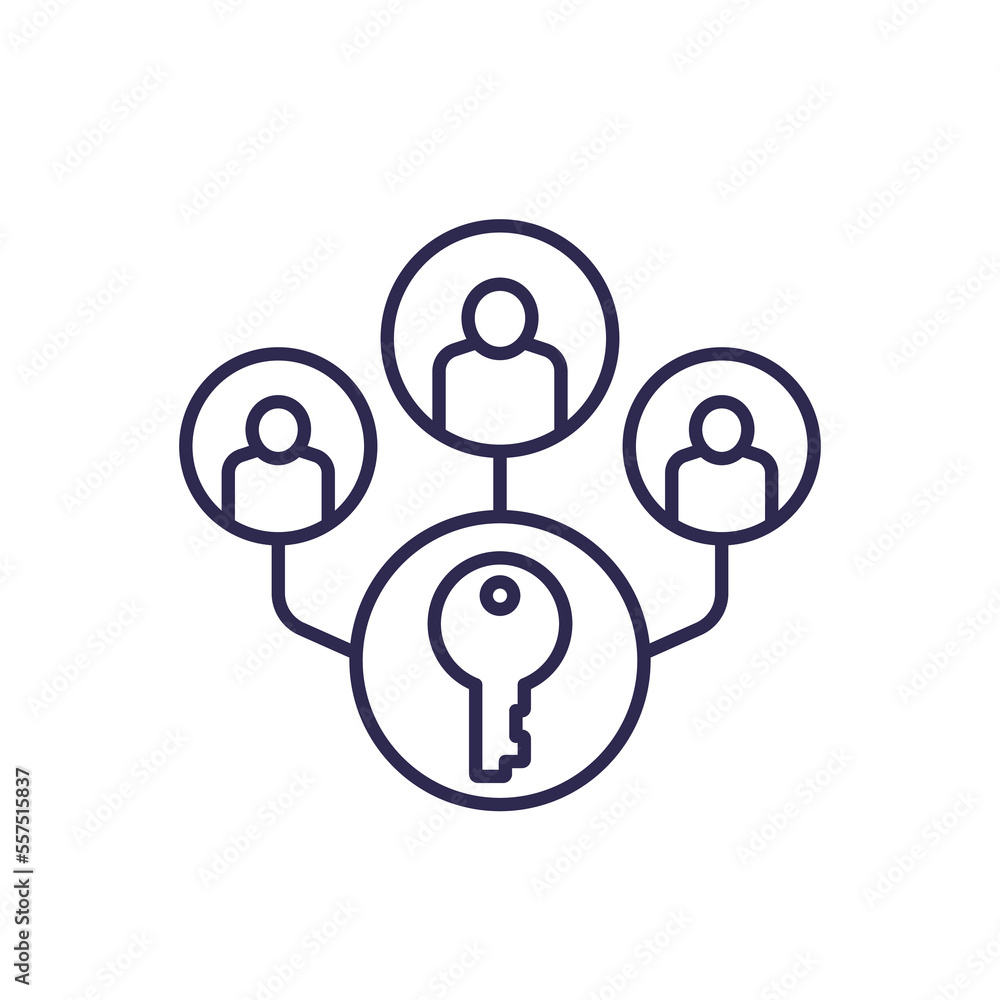 Collective ownership line icon with people and a key Collective ownership line icon with people and a key