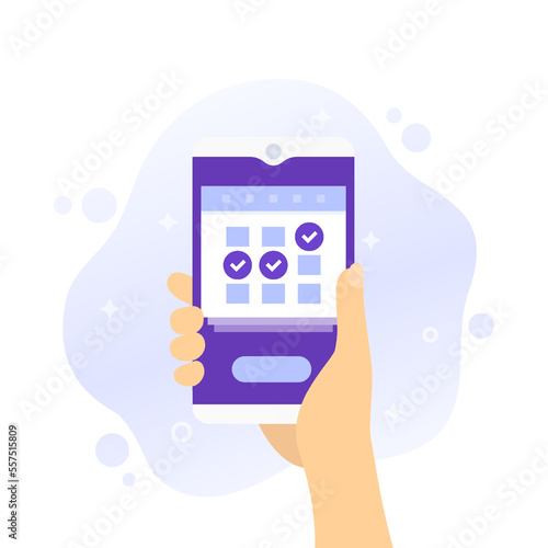 calendar, schedule with check marks in a phone, time management and planning vector illustration