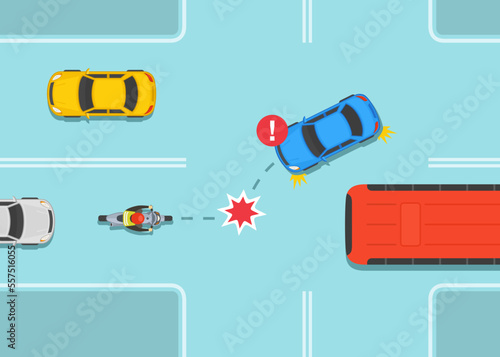 Safety car driving and bike riding rules. Dangerous left turn in front of moving motorcycle. Car and hidden motorcycle collision on crossroad. Flat vector illustration template.