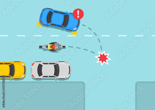 Safe motorcycle riding rules and tips. Right turn accident with moving car. Same direction moving crash. Top view. Flat vector illustration template.