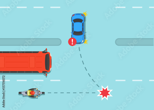 Safety car driving and bike riding rules. Dangerous left turn in front of hidden motorcycle. Car and motorcycle collision on four lane road. Flat vector illustration template.