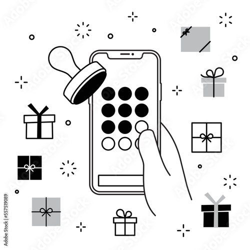手に持ったスマートフォンのメンバーズアプリ スタンプカード プレゼントのアイコンセット