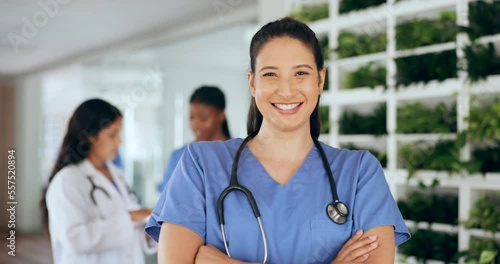 Portrait, face or happy nurse in a hospital with a smile, medical goals or hope for success in healthcare industry. Wellness, motivation or woman employee with pride, vision or surgery experience photo