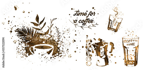 Coffee time for coffee lovers. Coffee with coffee beans, coffee pot, espresso macchiato. Coffee shop.  Isolated on a white background.  Coffee print design with mocha pot and different coffee cups.