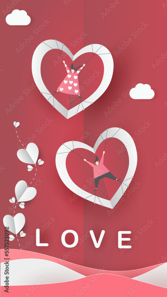 cute love paper art valentine day. with lovely valentine boy and girl fly heart, paper cut on red background, white sky, clouds, origami style vector. paper for valentine card, gift, poster, postcard.
