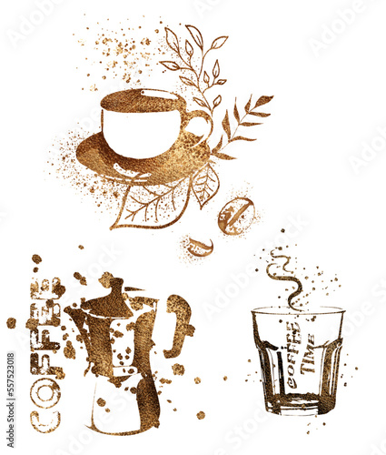 Coffee time for coffee lovers. Coffee with coffee beans, coffee pot, espresso macchiato. Coffee shop.  Isolated on a white background.  Coffee print design with mocha pot and different coffee cups.