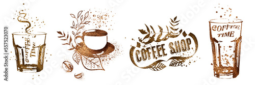 Coffee time for coffee lovers. Coffee with coffee beans, coffee pot, espresso macchiato. Coffee shop.  Isolated on a white background.  Coffee print design with mocha pot and different coffee cups.