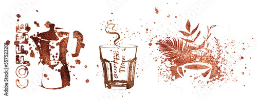 Coffee shop - Coffee time for coffee lovers. Coffee with coffee beans, coffee pot, espresso macchiato.  Isolated on a white background.  Coffee print design with mocha pot and different coffee cups.
