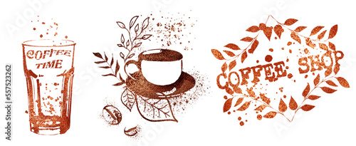Coffee shop - Coffee time for coffee lovers. Coffee with coffee beans, coffee pot, espresso macchiato.  Isolated on a white background.  Coffee print design with mocha pot and different coffee cups.